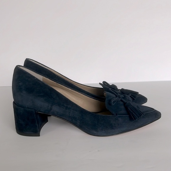 Ann Taylor $128 Womens Shoes Rumer Suede Tassel Block Heel Pumps Blue Size 5 New - Picture 4 of 5